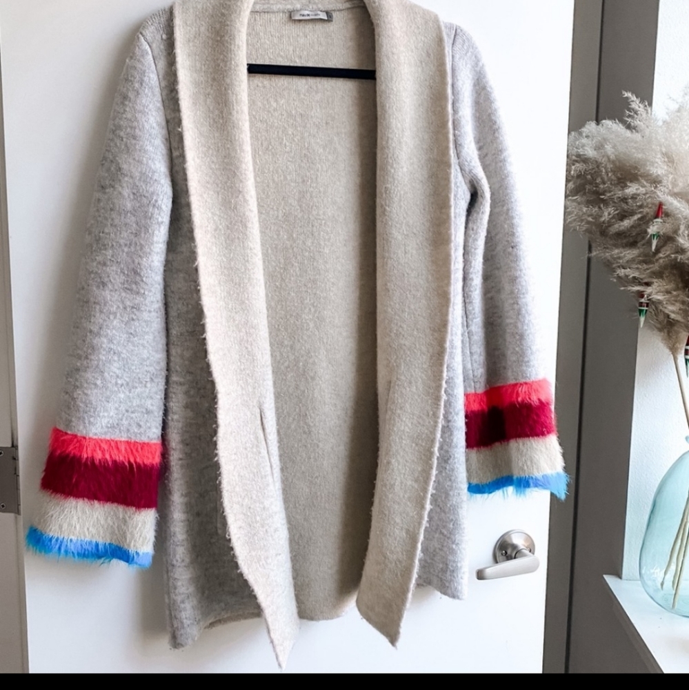 Anthropologie Maude Vivante Gray Sweater Coat with Fuzzy Colorful Cuffs